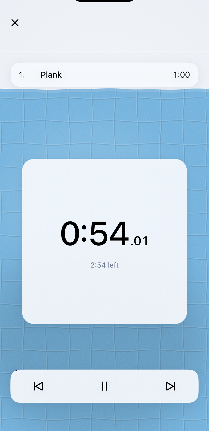 A workout playing in Lido: big numerals counting down a plank, the screen filled with water.