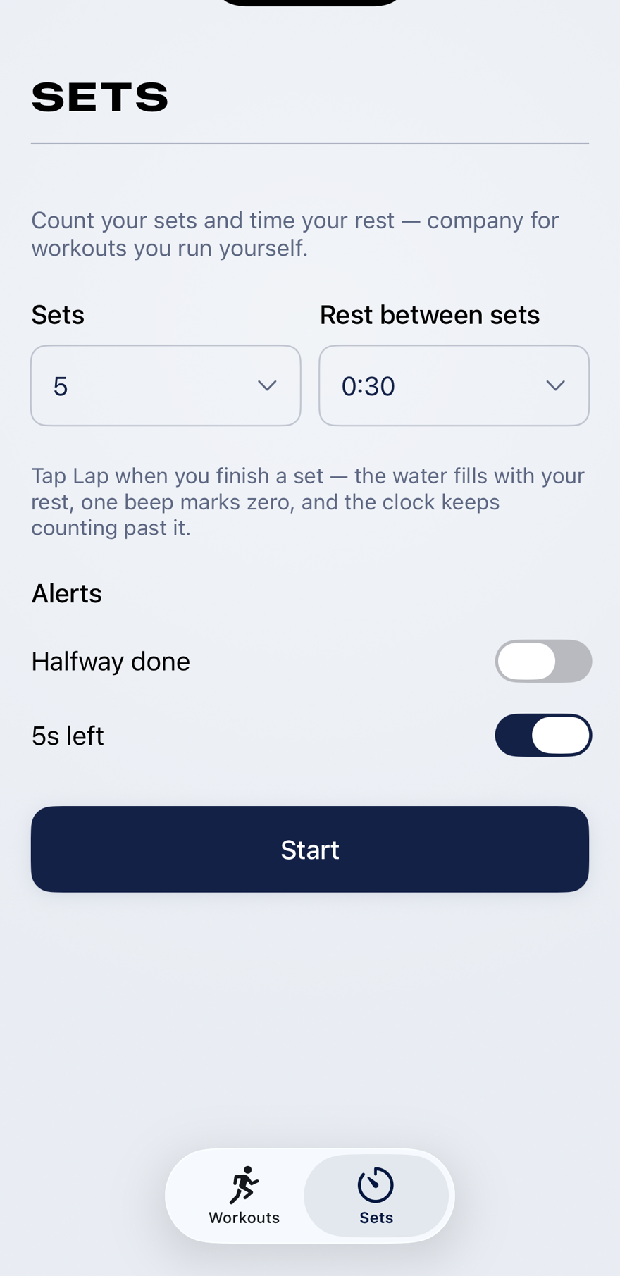 Lido's Sets tab: a rest counter with set and rest pickers.